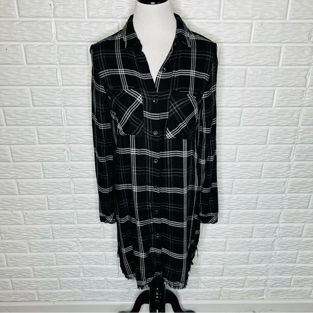 ANTHROPOLOGIE Cloth & Stone Plaid Flannel Shirt Dress Black White Frayed Hem S
